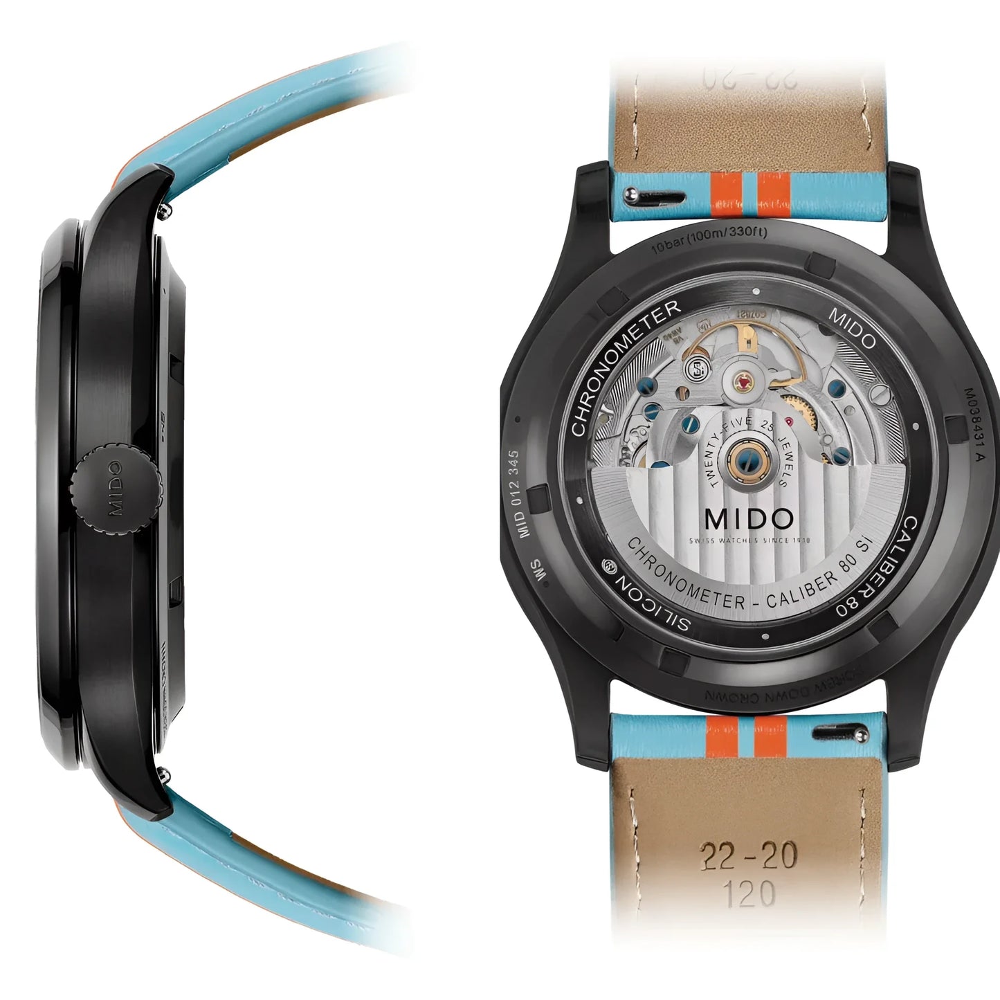 Orologio multifort chronometer mido nero con cinturino in pelle turchese e tan a strisce arancioni design deciso dell’orologio