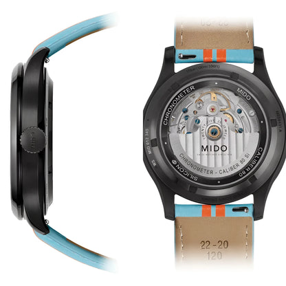 Orologio multifort chronometer mido nero con cinturino in pelle turchese e tan a strisce arancioni design deciso dell’orologio