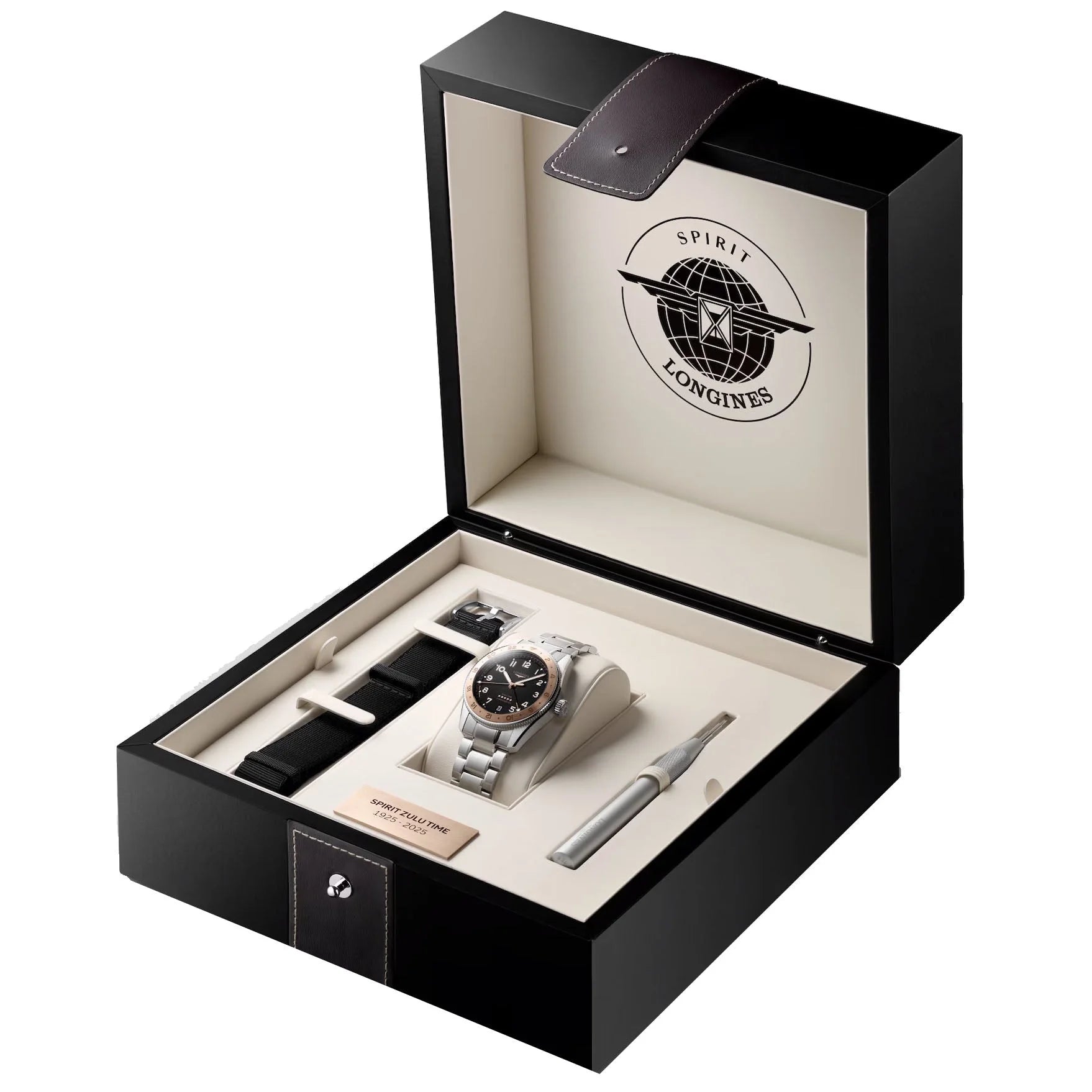 Orologio longines spirit zulu time 39mm automatico acciaio e oro con quadrante nero in elegante scatola nera