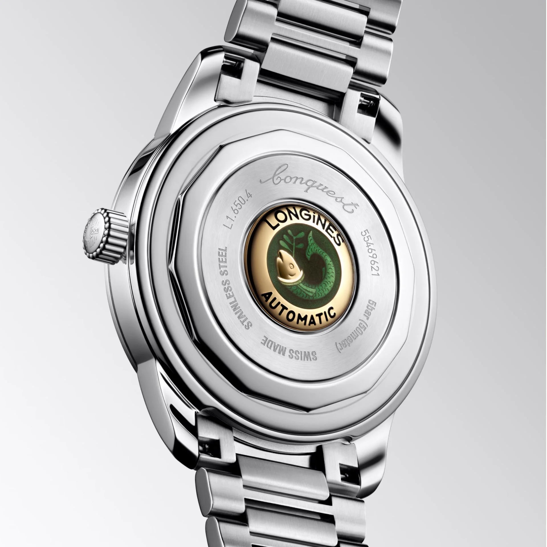 Orologio longines conquest heritage 40mm blu acciaio automatico in materiale acciaio inossidabile con emblem fish verde sul retro protetto dall ufficio federale svizzero
