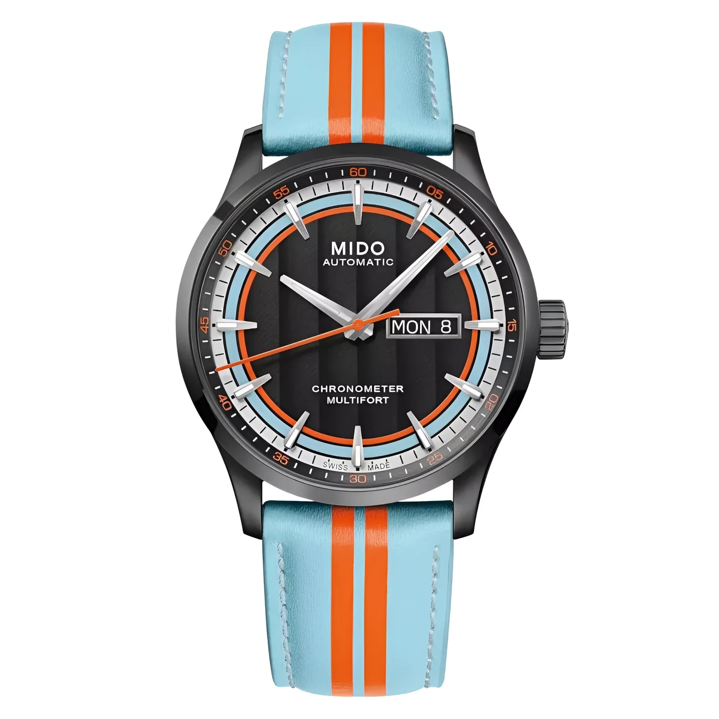 Mido orologio multifort chronometer 1 racer 42mm nero automatico con design deciso dell’orologio e cinturino in pelle azzurro