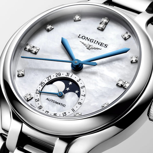 Longines Primaluna orologio automatico acciaio 34mm con quadrante madreperla, lancette blu e diamanti collezione Longines Primaluna