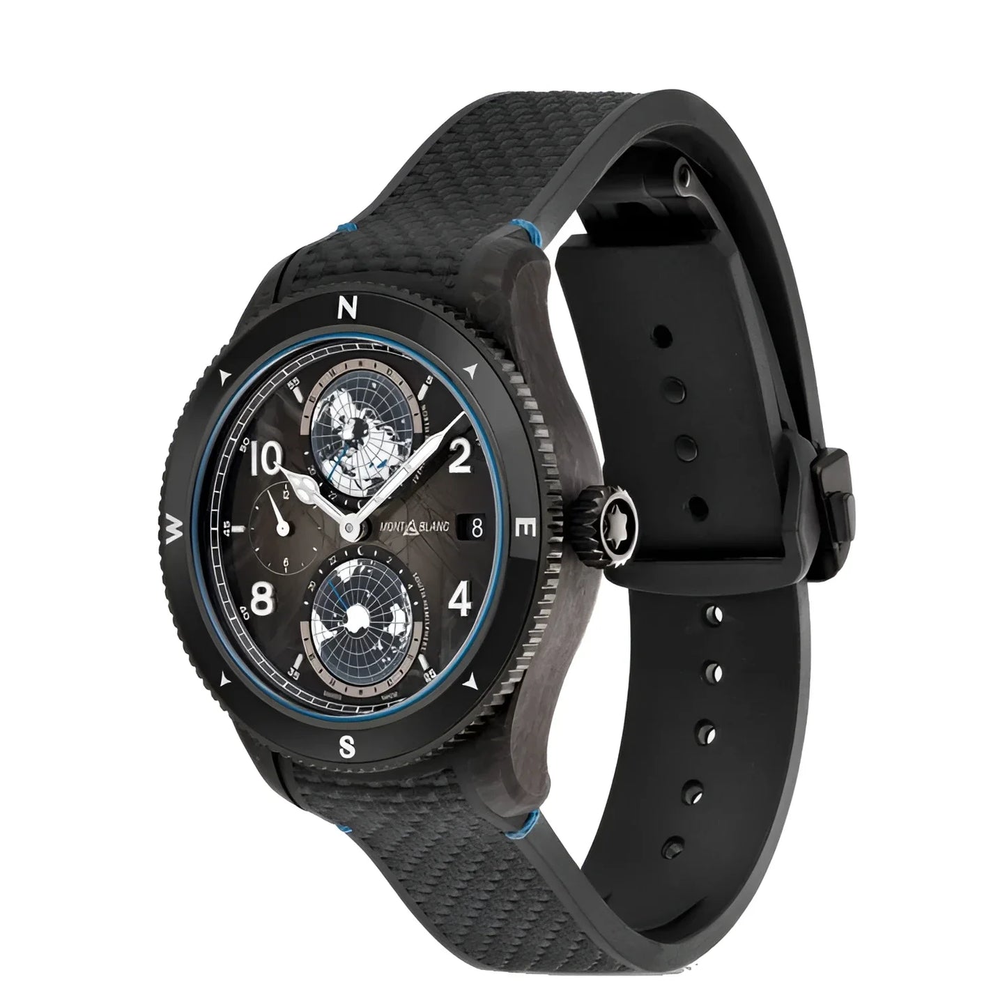 Montblanc orologio 1858 geosphere carbo₂ edizione limitata nero con cassa in carbonio e cinturino in gomma blu