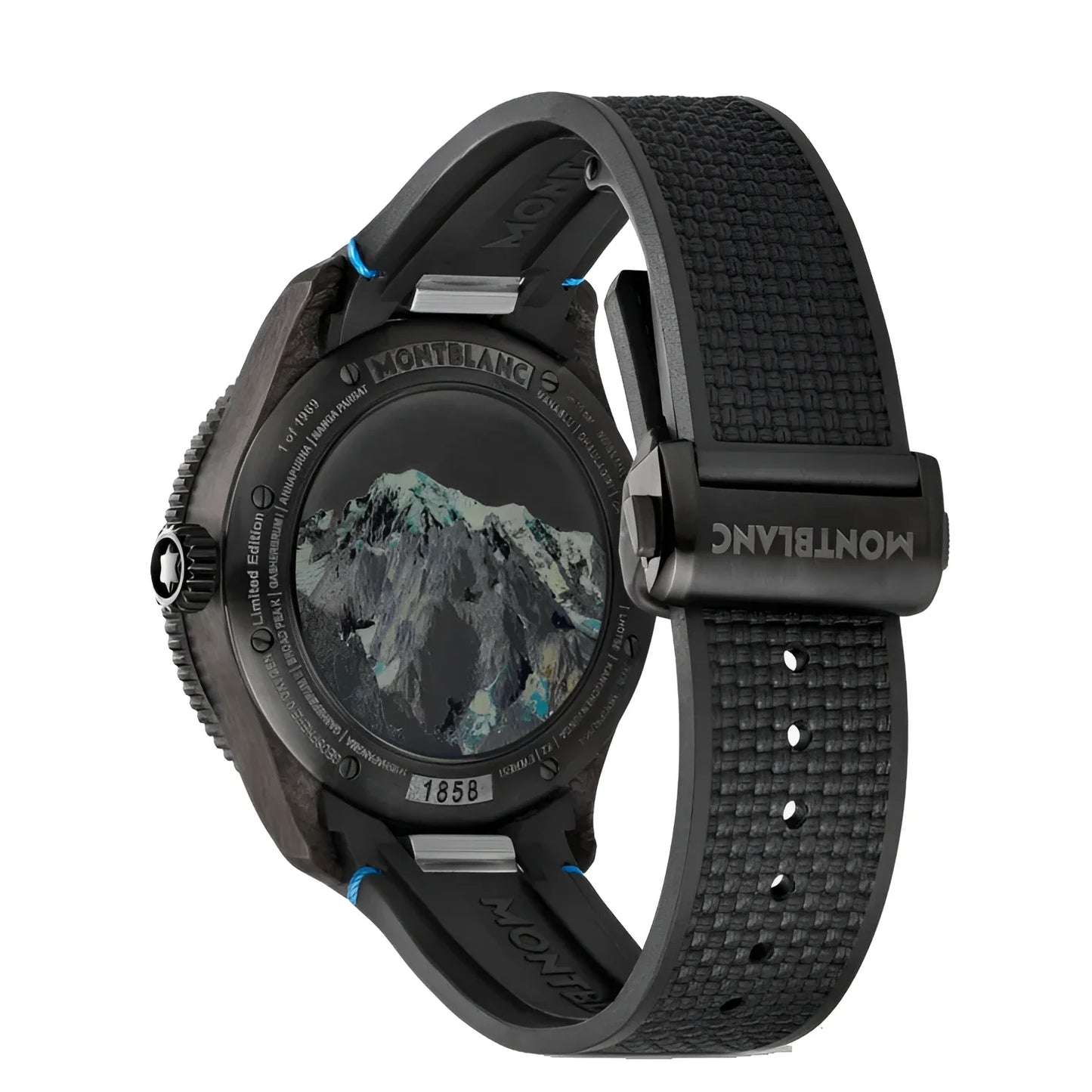 Orologio montblanc geosphere carbo₂ edizione limitata nero 43mm con quadrante tema montagne e cinturino testurizzato