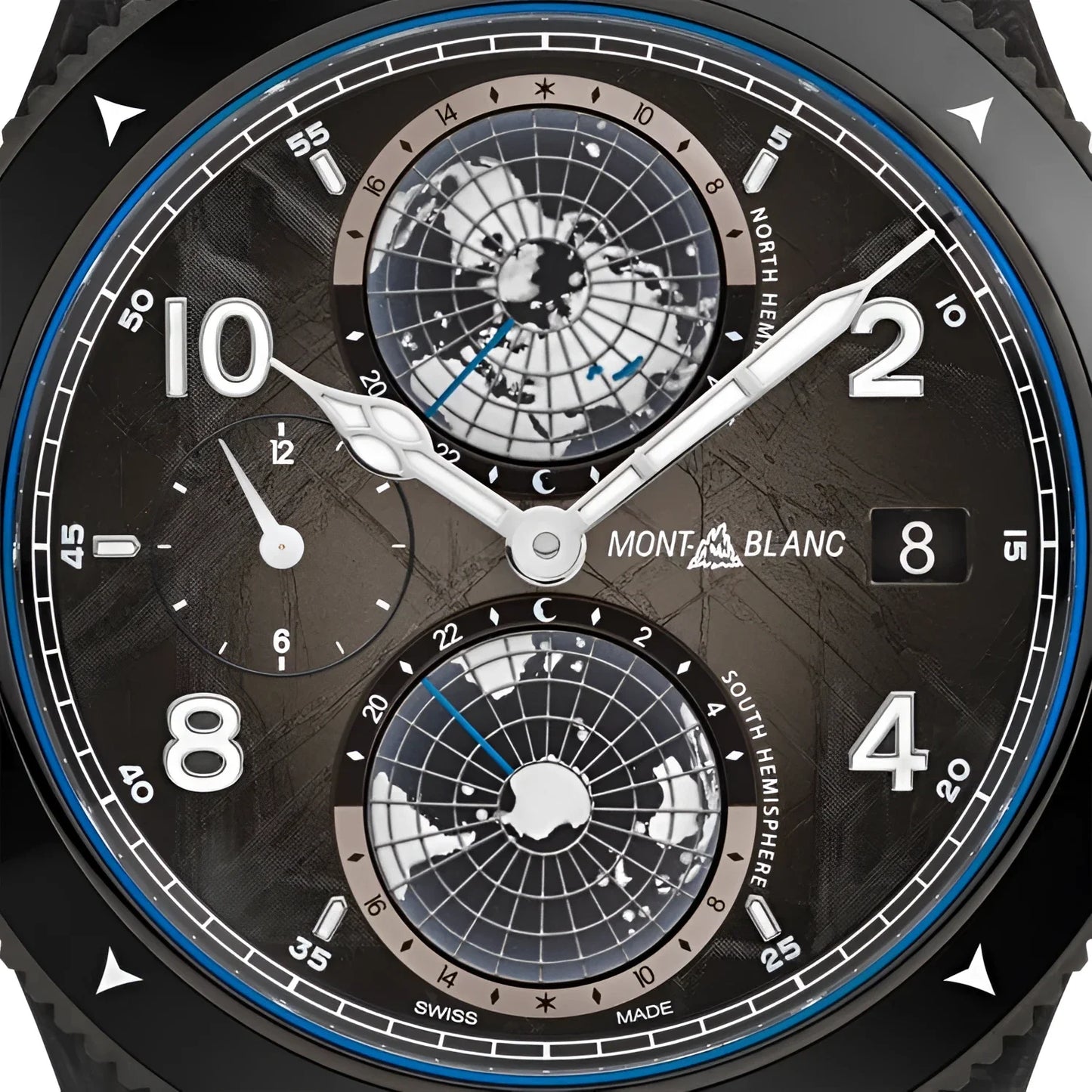 Montblanc orologio 1858 geosphere carbo₂ edizione limitata nero 43mm con due quadranti globi e accenti blu