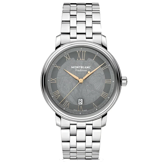 Montblanc tradition automatic con quadrante grigio topografico, lunetta doppia e cinturino acciaio silver
