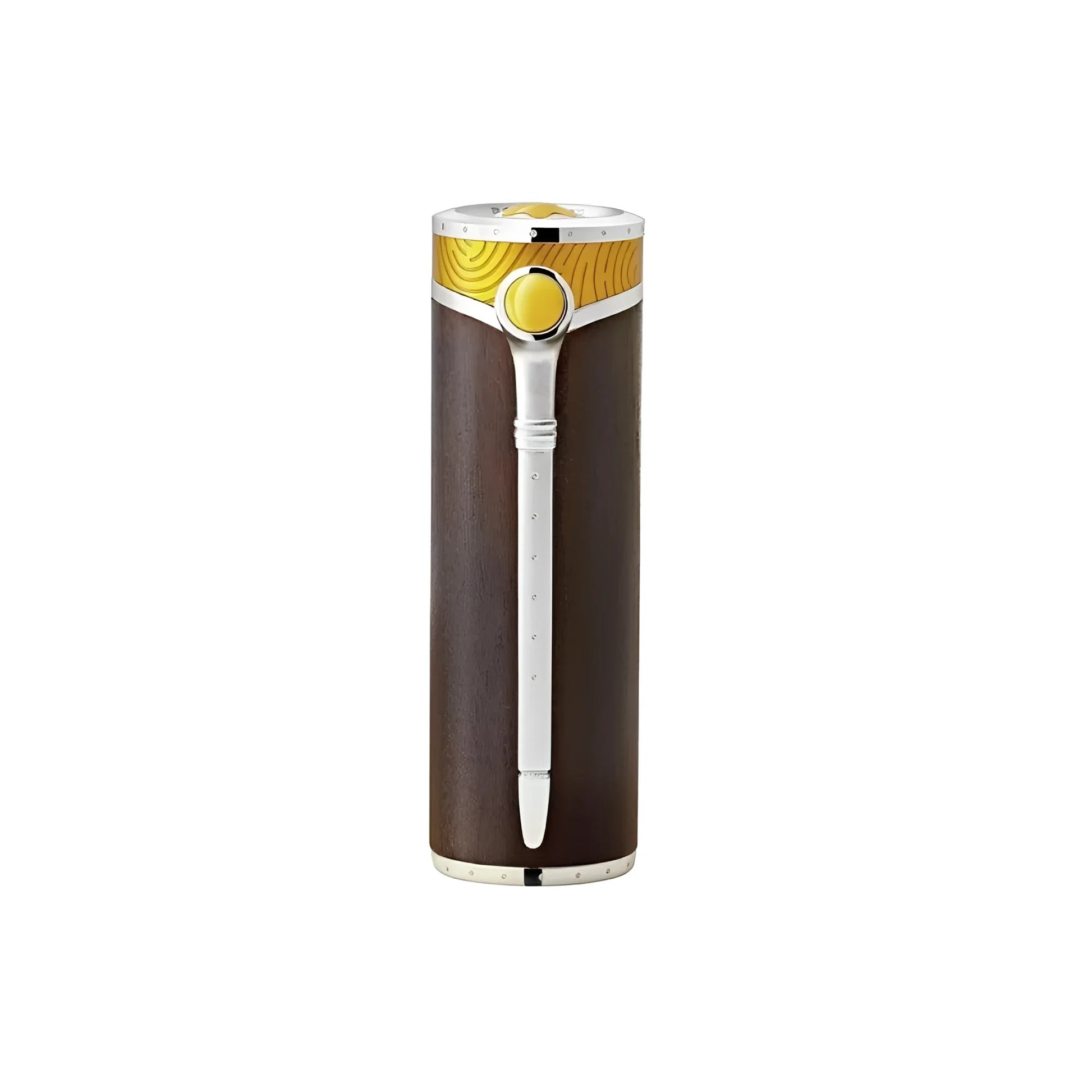 A sleek cylindrical brown leather cigar case with silver clasp and yellow accent for vincent van gogh Montblanc pen