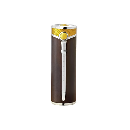 A sleek cylindrical brown leather cigar case with silver clasp and yellow accent for vincent van gogh Montblanc pen