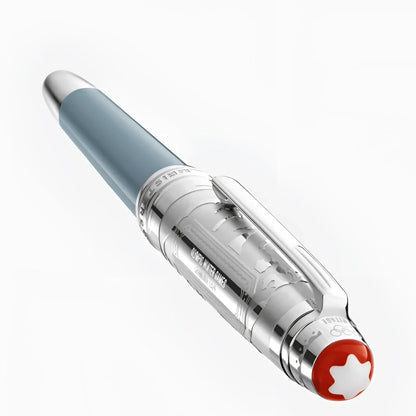 Montblanc roller meisterstück olympic heritage chamonix pen in matte blue with silver accents and engraved mountain design