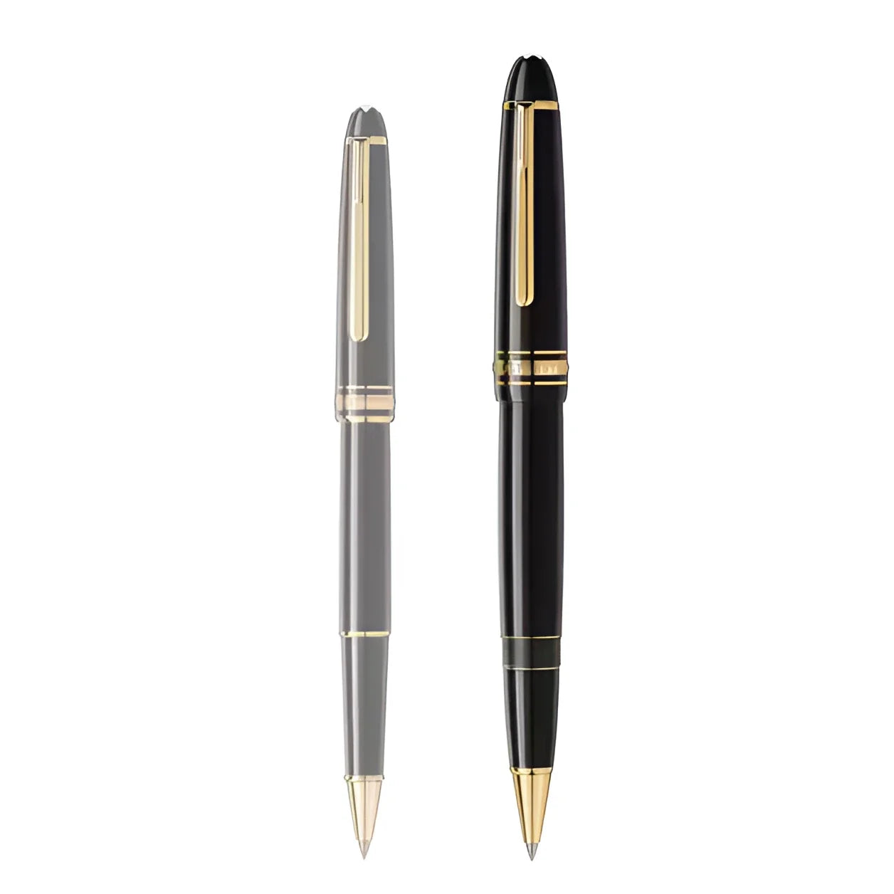 Due eleganti penne montblanc roller meisterstuck gold-coated legrand 132454 in pregiata resina nera e grigia con dettagli dorati