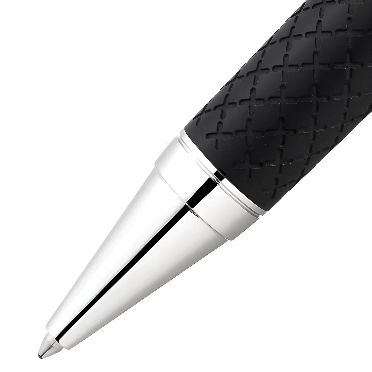 Black textured grip with silver metallic accents and sleek pointed tip of montblanc penna a sfera homage to robert louis stevenson limited edition