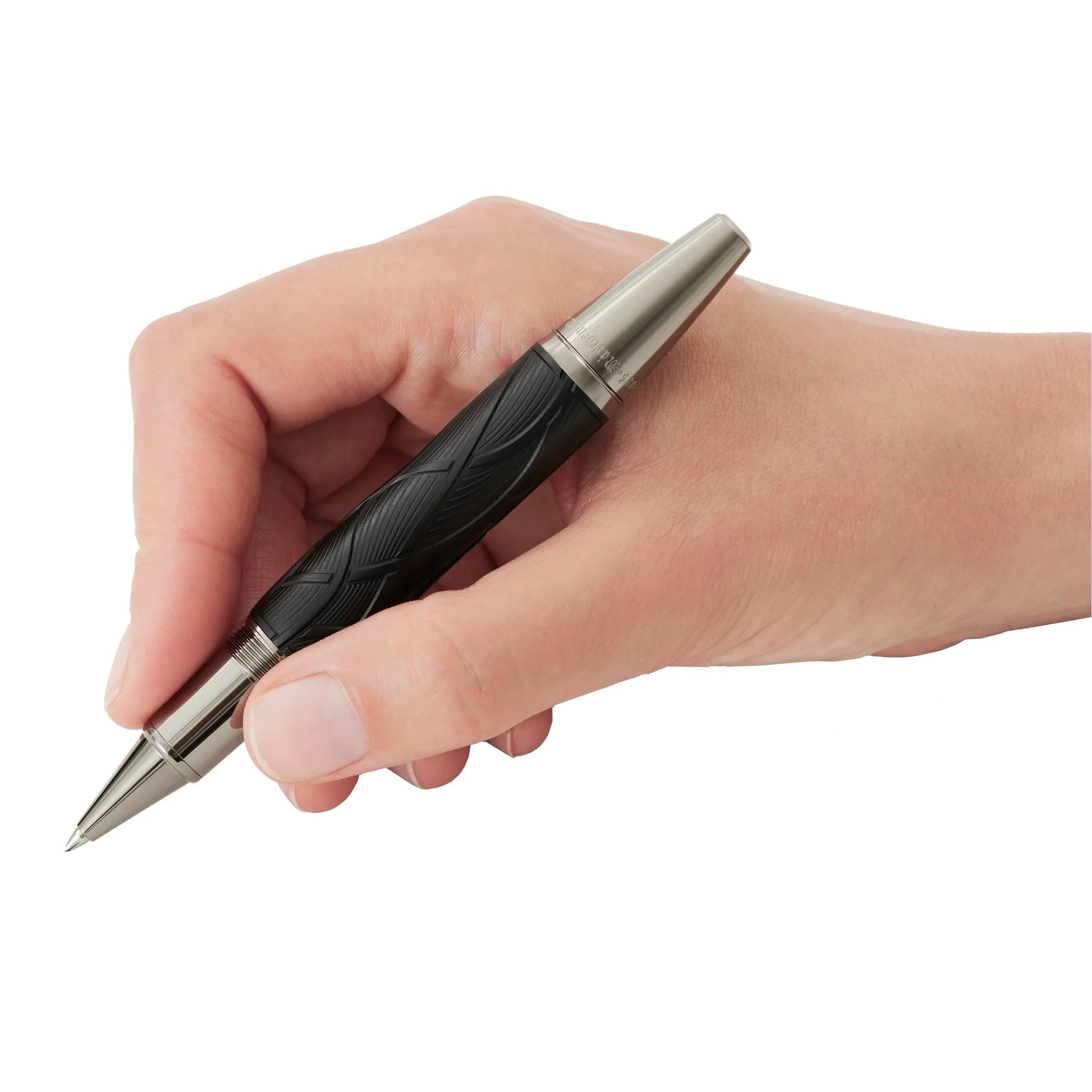Penna roller nero e argento con impugnatura testurizzata e dettagli metallici montblanc writers edition fratelli grimm
