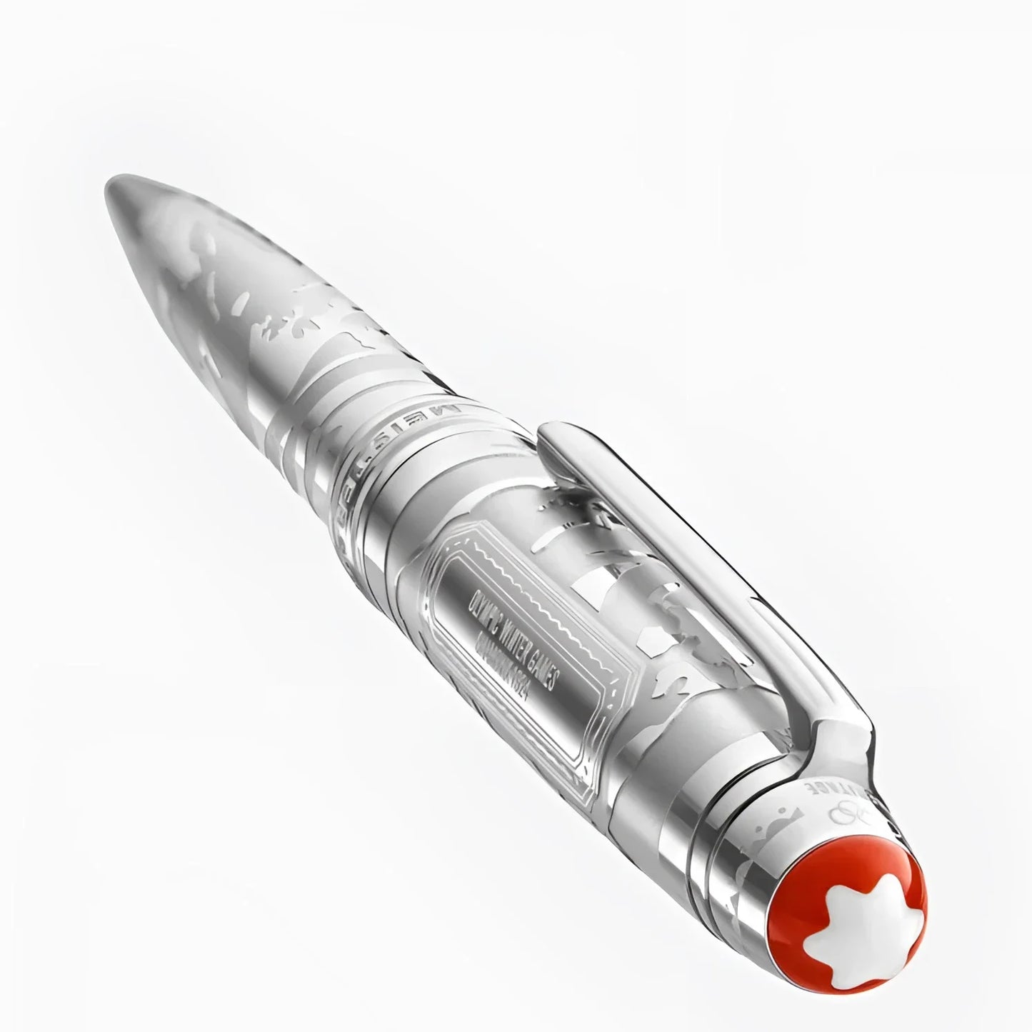 Penna a sfera silver montblanc olympic heritage chamonix con dettagli incisi e cappuccio a stella rosso e bianco