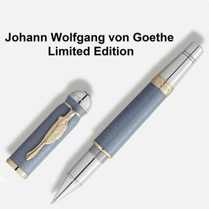 Penna a sfera montblanc roller writers edition homage to johann wolfgang von goethe con finitura argento oro e impugnatura celeste pelle