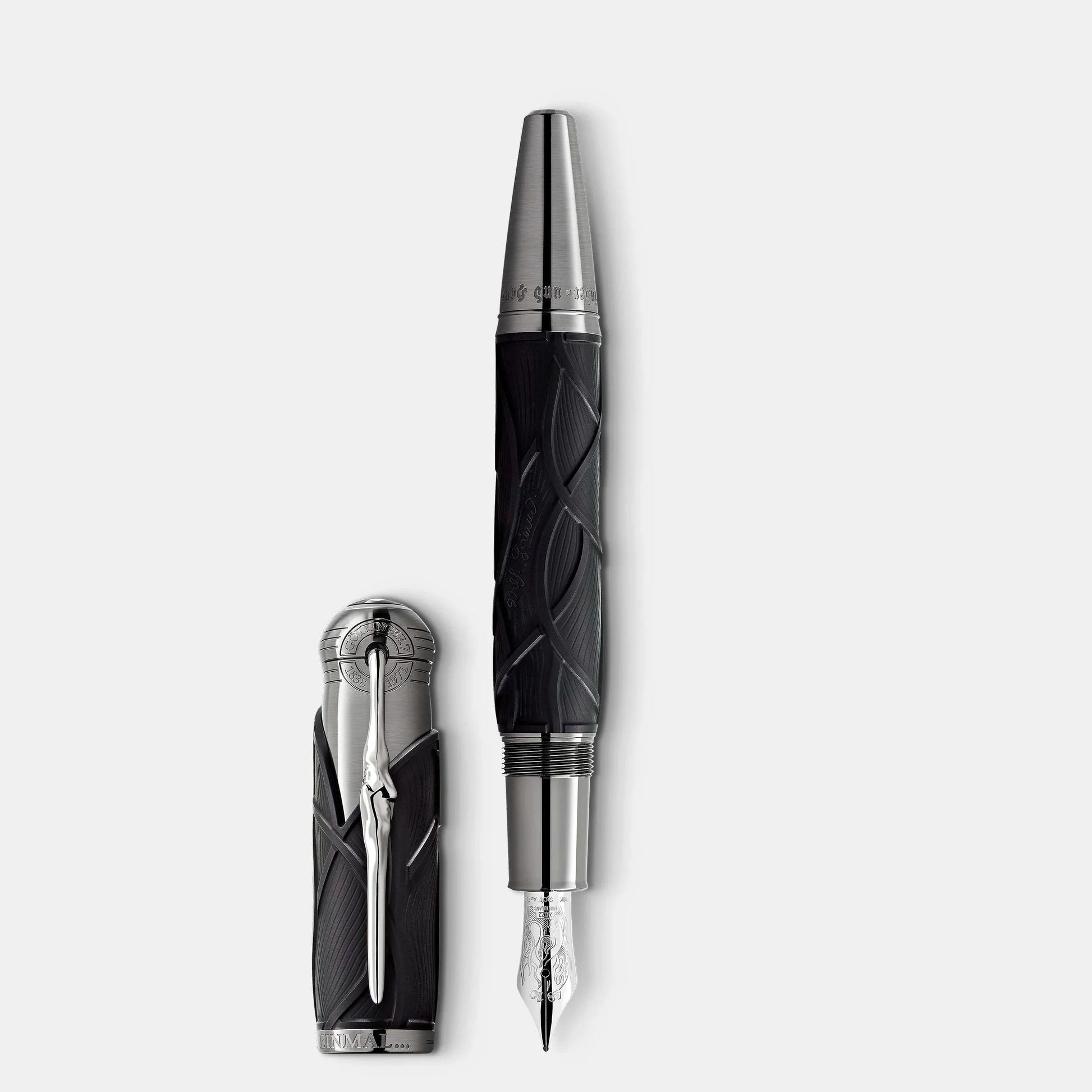 Montblanc stilografica writers edition homage to brothers grimms eleganza nera e argento con impugnatura testurizzata e pennino inciso