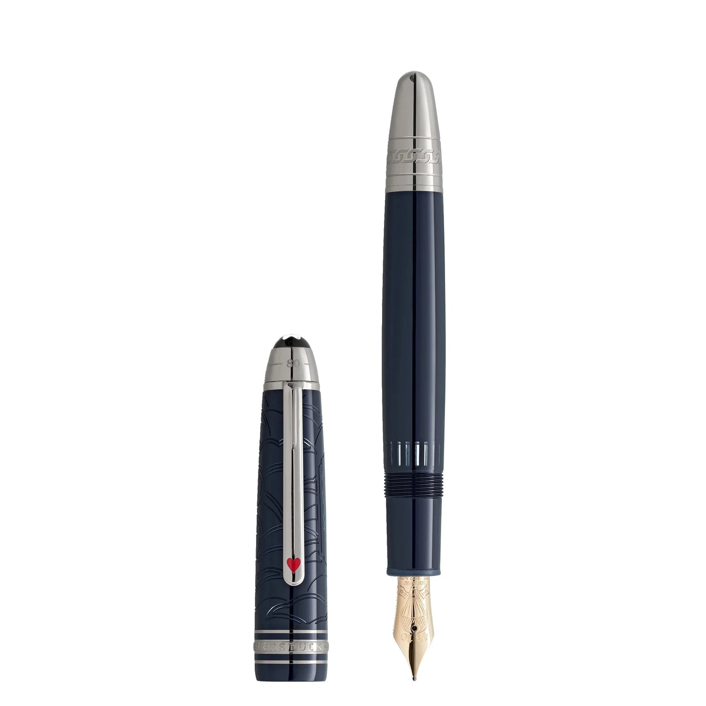 Montblanc stilografica legrand meisterstück blu navy con dettagli argento e cuore rosso per around the world