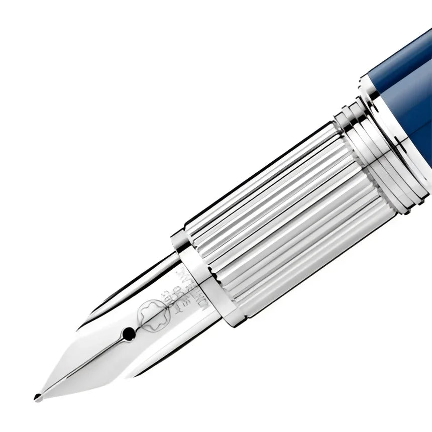 Stilografica starwalker blue planet montblanc con sezione metallica rigata e pennino argento punta media