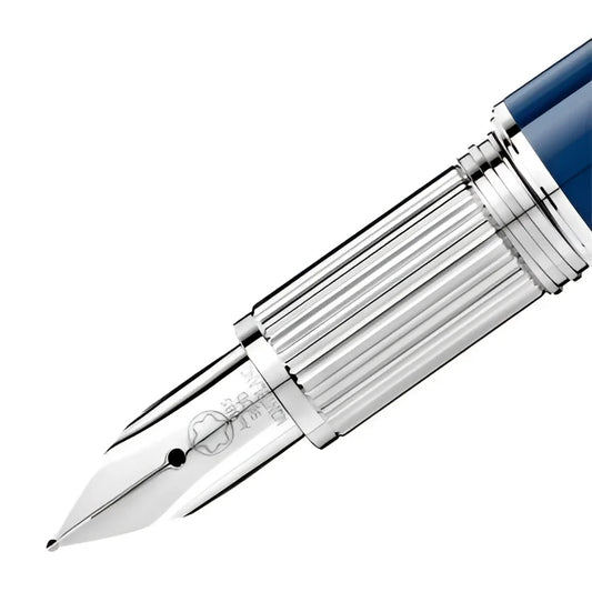 Stilografica starwalker blue planet montblanc con sezione metallica rigata e pennino argento punta media