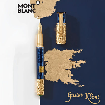 Stilografica montblanc masters of art homage to gustav klimt in blu con motivi foglia oro e dettagli oro testurizzati