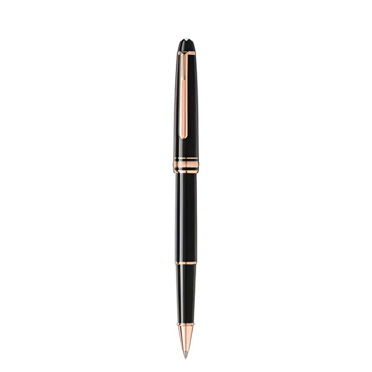 Roller montblanc meisterstück in pregiata resina nera con dettagli in red gold e finitura lucida elegante