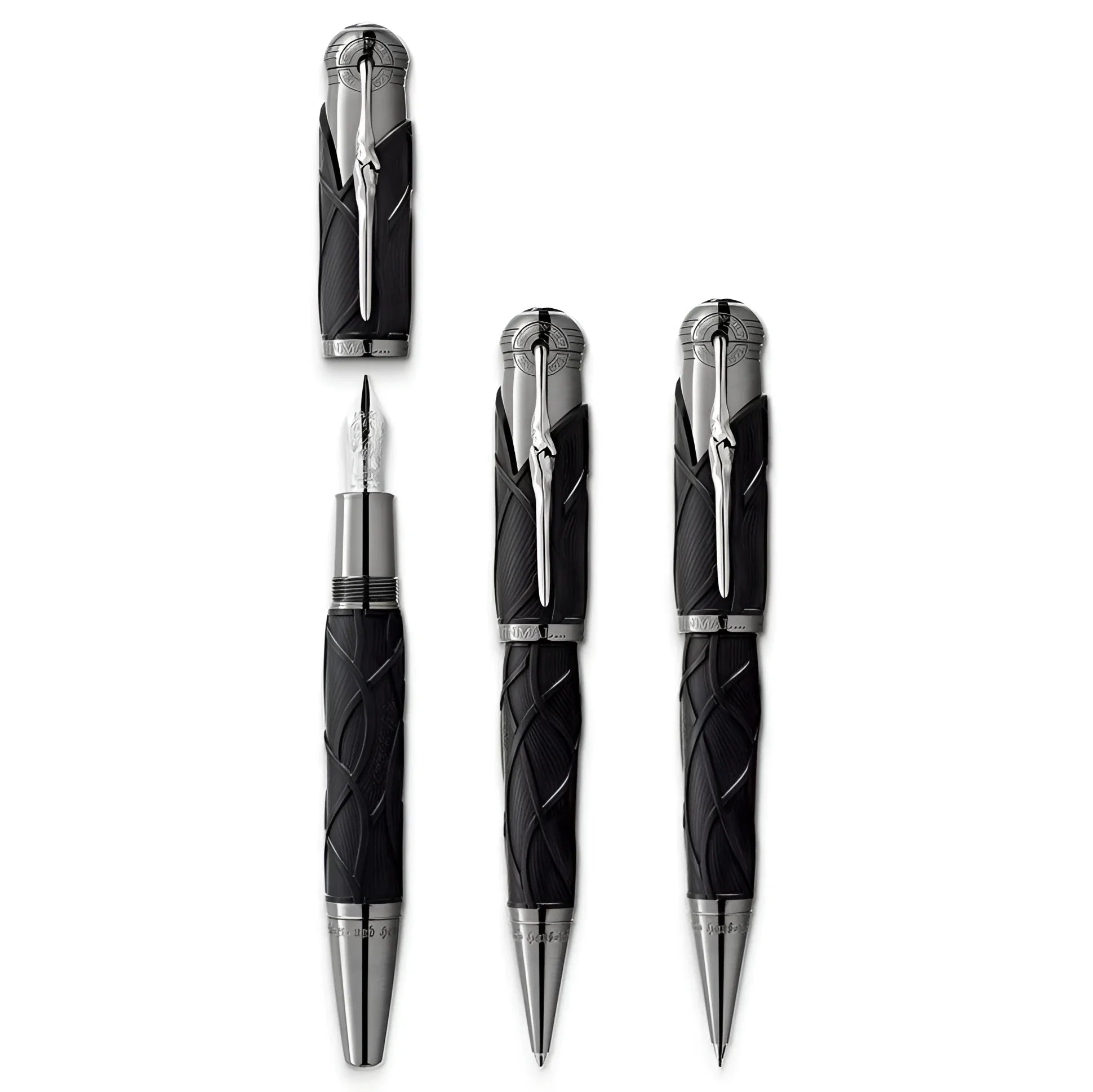 Penna stilografica montblanc writers edition fratelli grimm nera e argento con design intrecciato e cappuccio metallico lucido