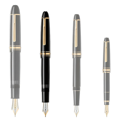 Quattro stilografiche montblanc meisterstück gold legrand punta m in pregiata resina nera con accenti oro ed eleganti pennini