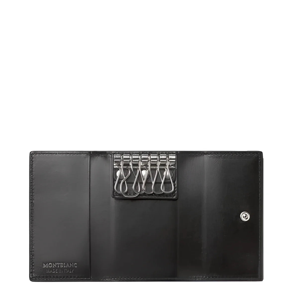 Astuccio portachiavi meisterstück montblanc in pelle nera con anelli in metallo argento e logo impresso