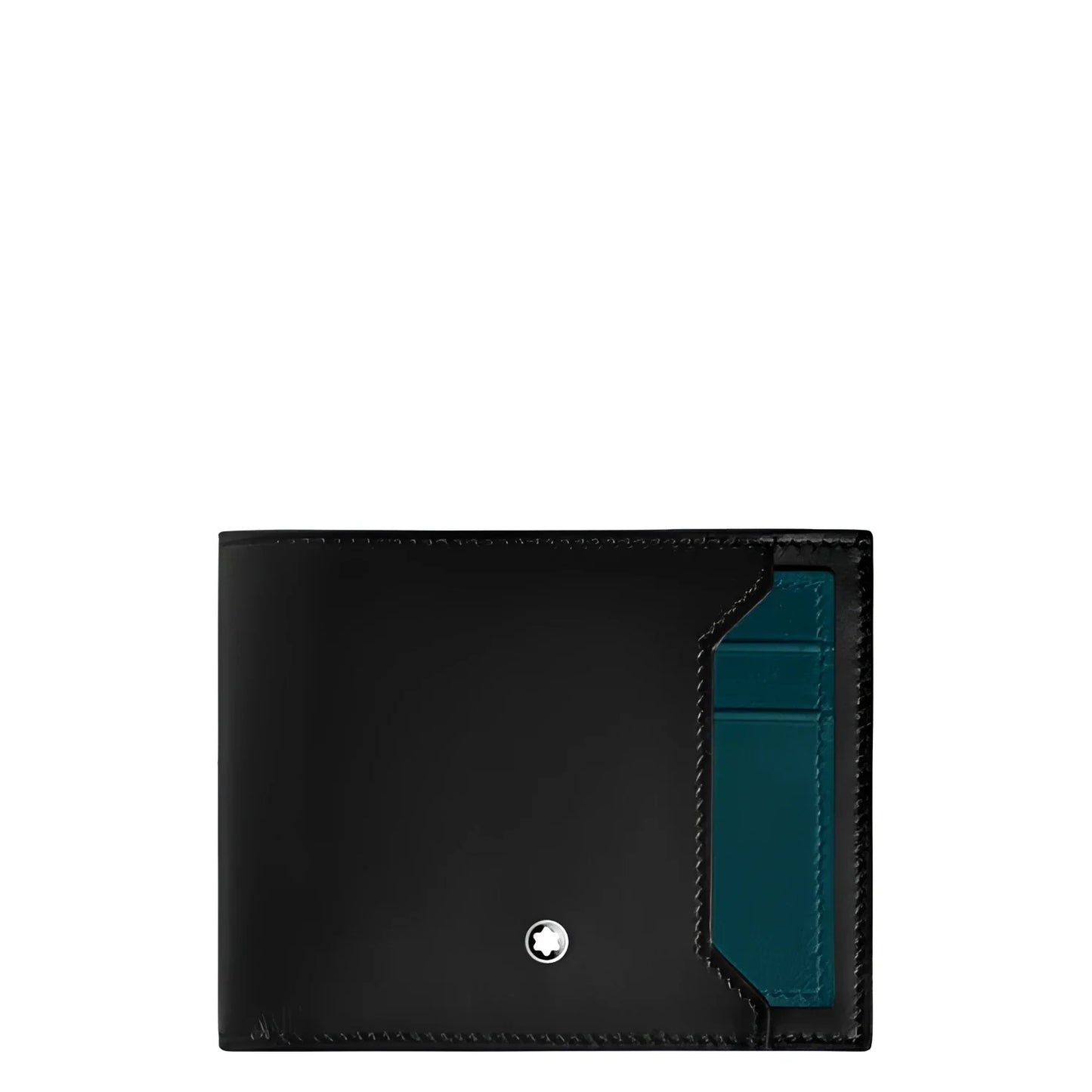Montblanc portafoglio in pelle nera con interno blu legion e porta carte amovibile con logo argentato montblanc