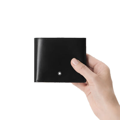 Portafoglio meisterstuck montblanc in pelle nera con emblema argentato e 6 scomparti più 2 tasche a vista