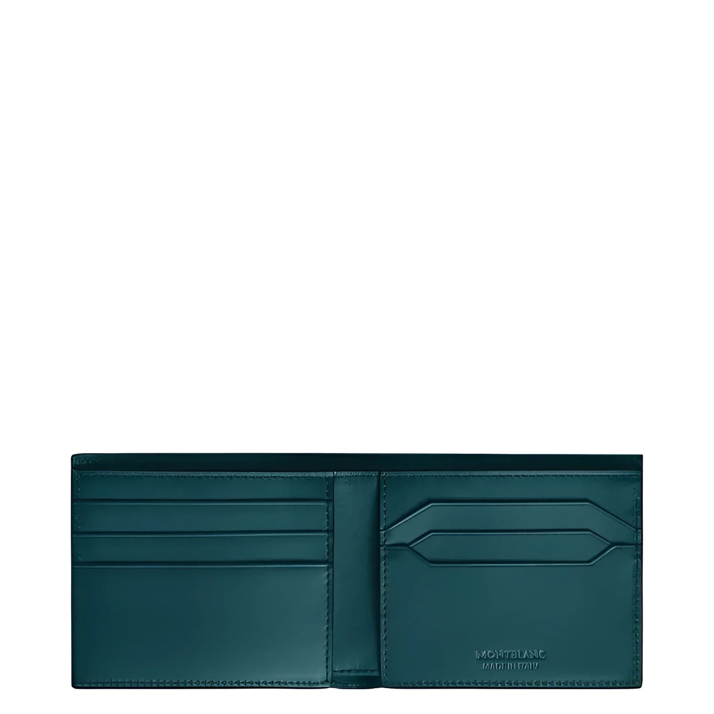 Portafoglio meisterstück montblanc blu cipro in pelle con logo embossato e scritta made in italy in verde scuro