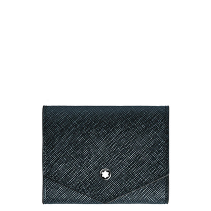Portamonete montblanc pelle sartorial goffrata nero con chiusura a stella argento raffinata combinazione bicolore tweed blu