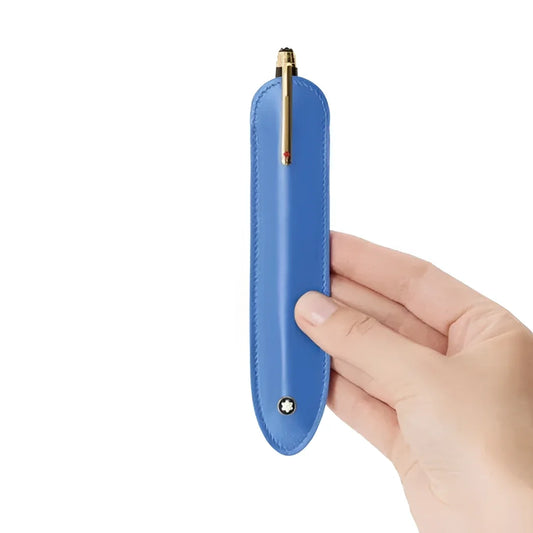 Astuccio in pelle blu dusty blue per 1 strumento da scrittura montblanc meisterstück dusty con penna dorata