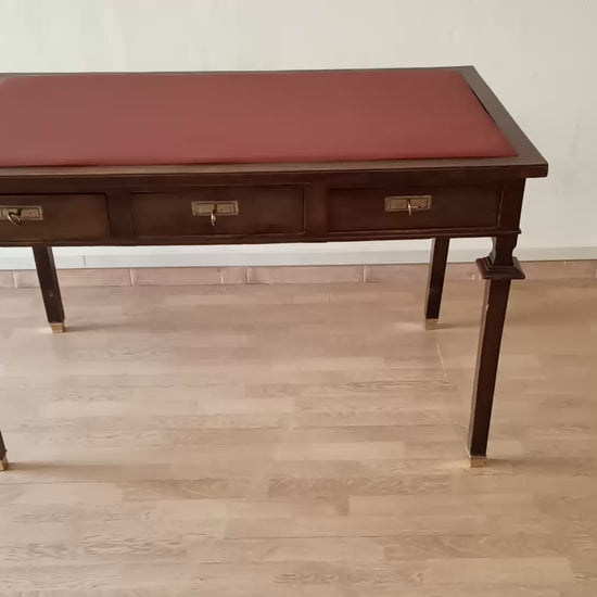 Scrivania Vintage Stile Impero ottocento Noce Piedini in Ottone e Piano Pelle