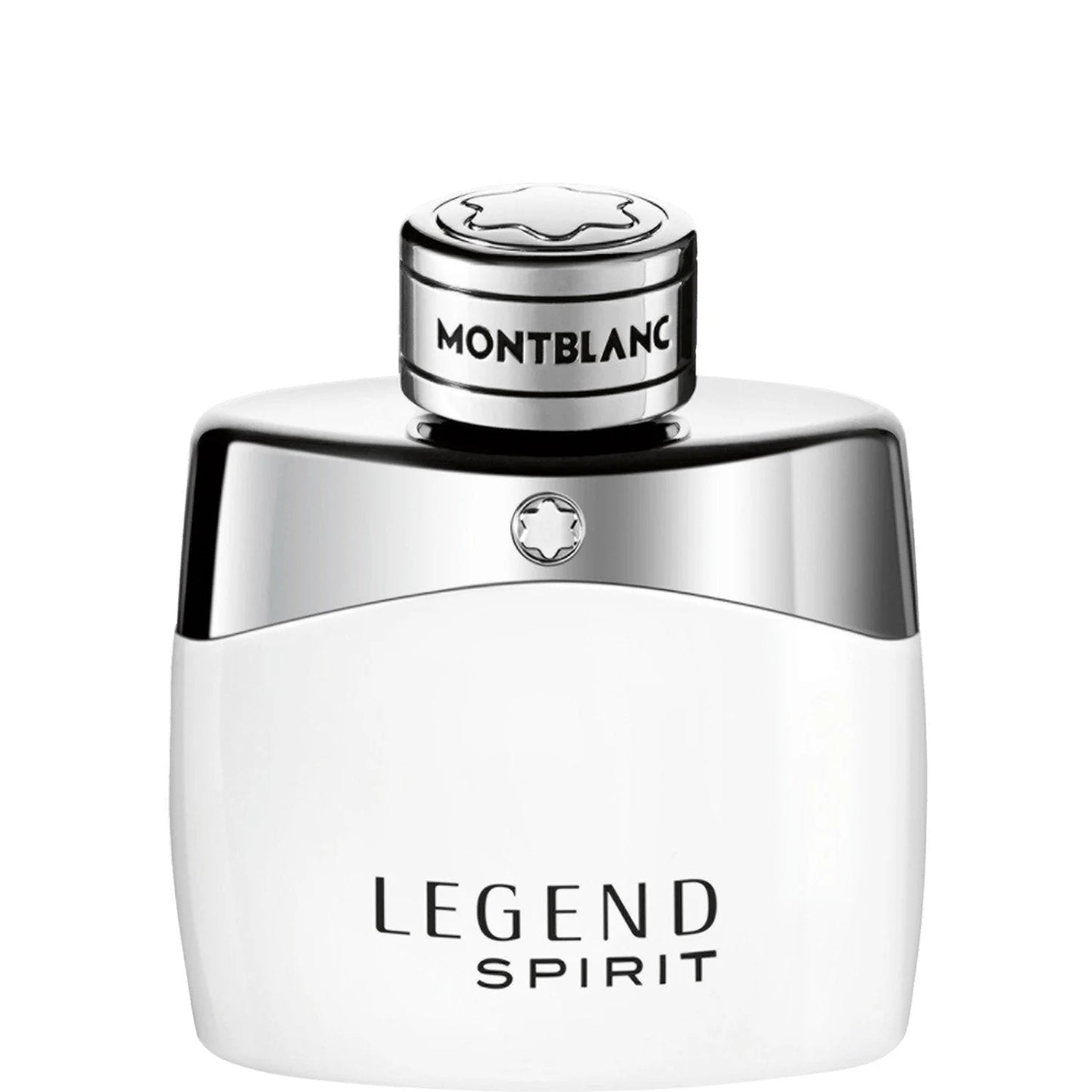 Bottiglia di montblanc legend spirit eau de toilette 50ml con corpo bianco e tappo argento con logo montblanc per un profumo incredibilmente fresco