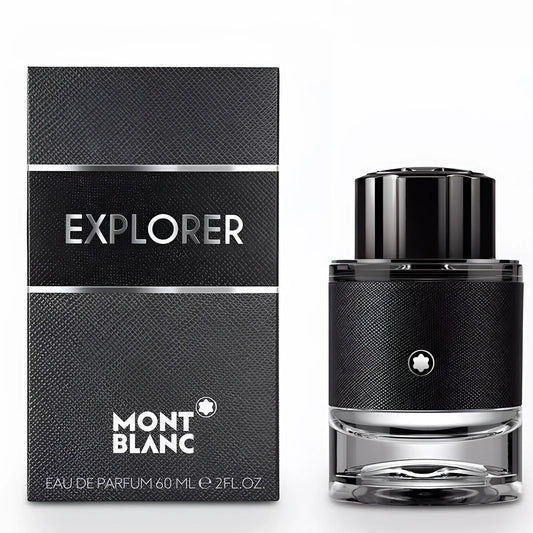 Montblanc explorer eau de parfum 60ml in bottiglia nera texturizzata con tappo lucido accanto alla confezione abbinata