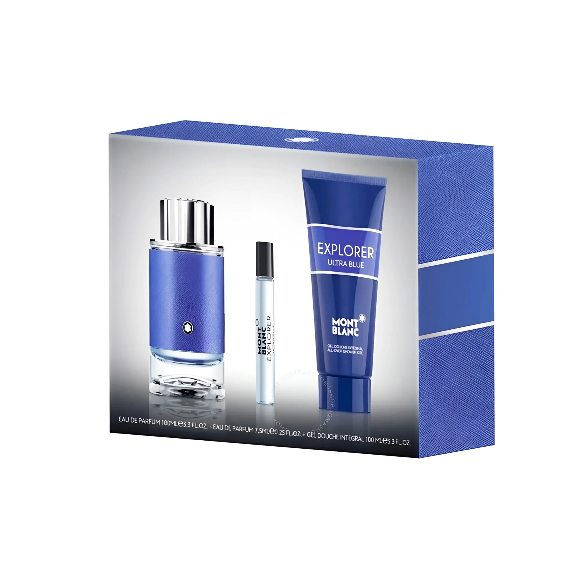 Set regalo montblanc explorer ultra blue con profumo uomo in bottiglia blu testurizzata, tappo argento e gel doccia abbinato