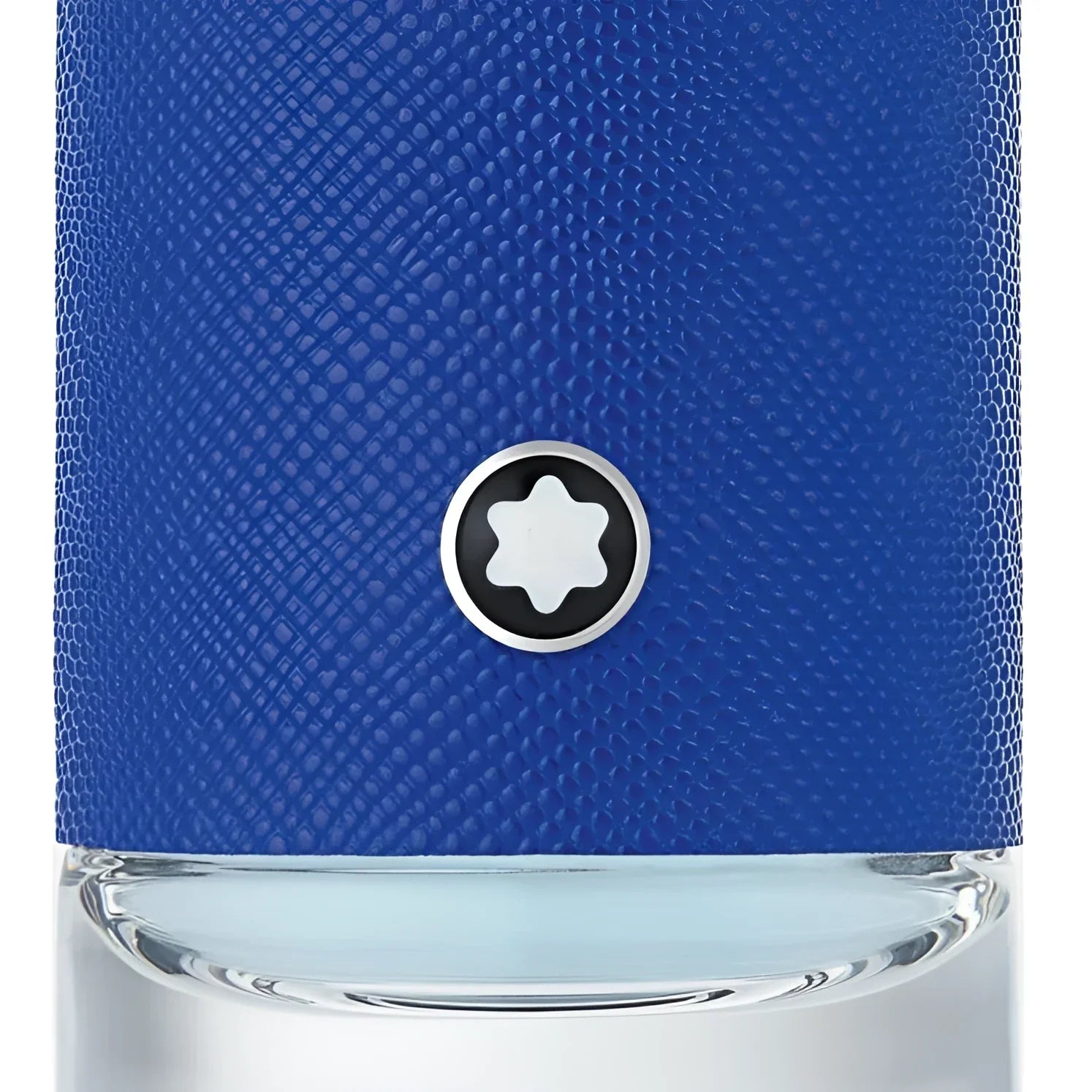 Blue textured leather bottle cap with silver and black montblanc star emblem for montblanc explorer ultra blue carisma raffinati narrando