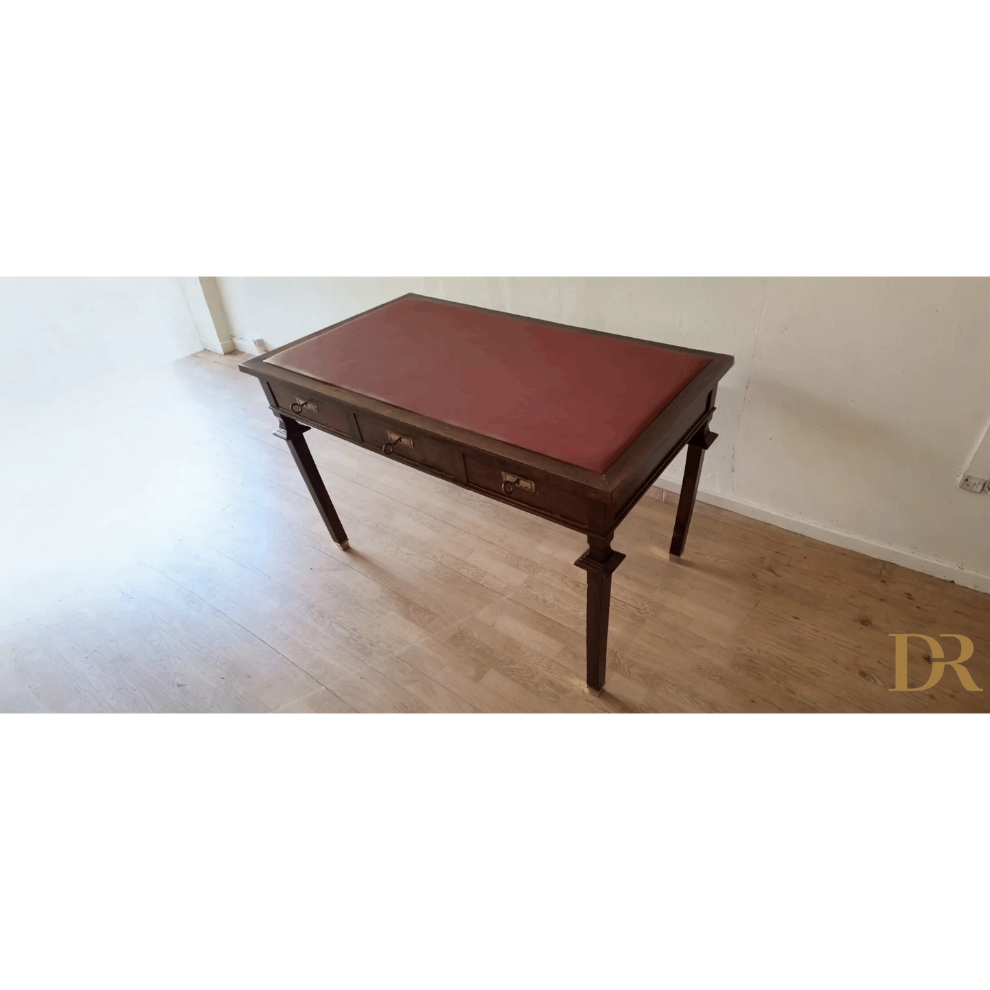 Scrivania Vintage Stile Impero Noce con piano in pelle rossa e due cassetti