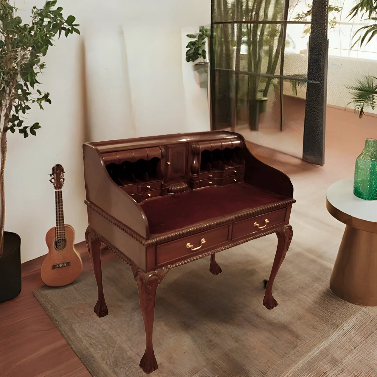 Antico scrittoio scrivania ufficio in stile chippendale inglese con secretaire noce e gambe inarcate