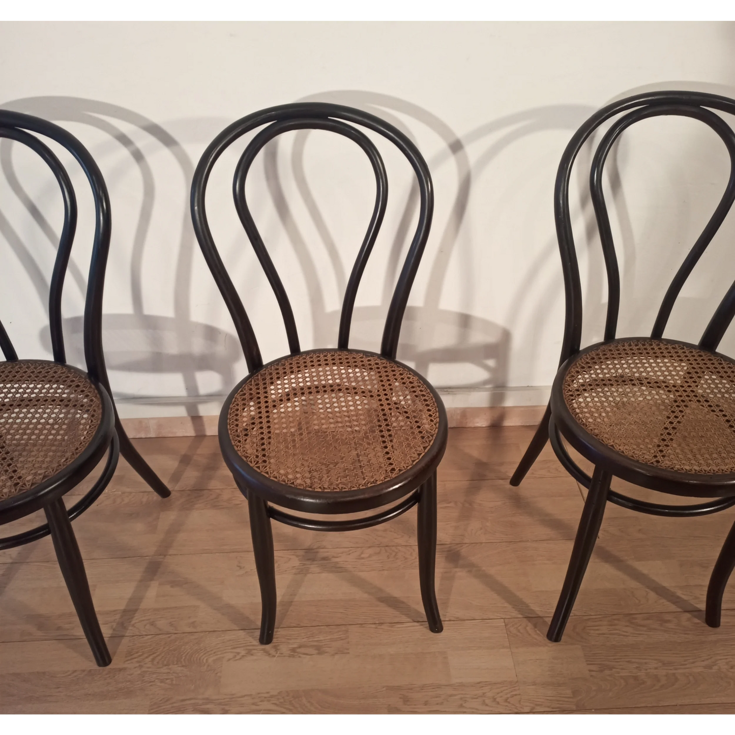 Tre sedie in faggio curvato nello stile di Thonet Italia, set elegante e sofisticato