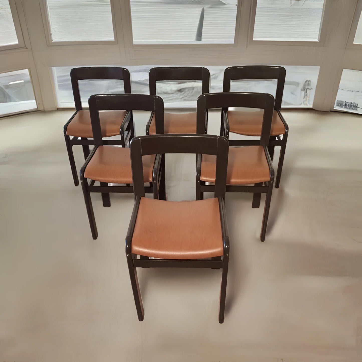 Set di sei sedie da pranzo vintage brutaliste anni 70 con telaio marrone e seduta color tan
