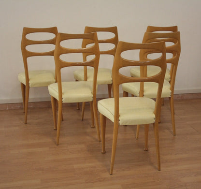 Set di 6 sedie da pranzo mid-century moderne di vittorio dassi in legno chiaro con sedili crema, dario raia antiquariato