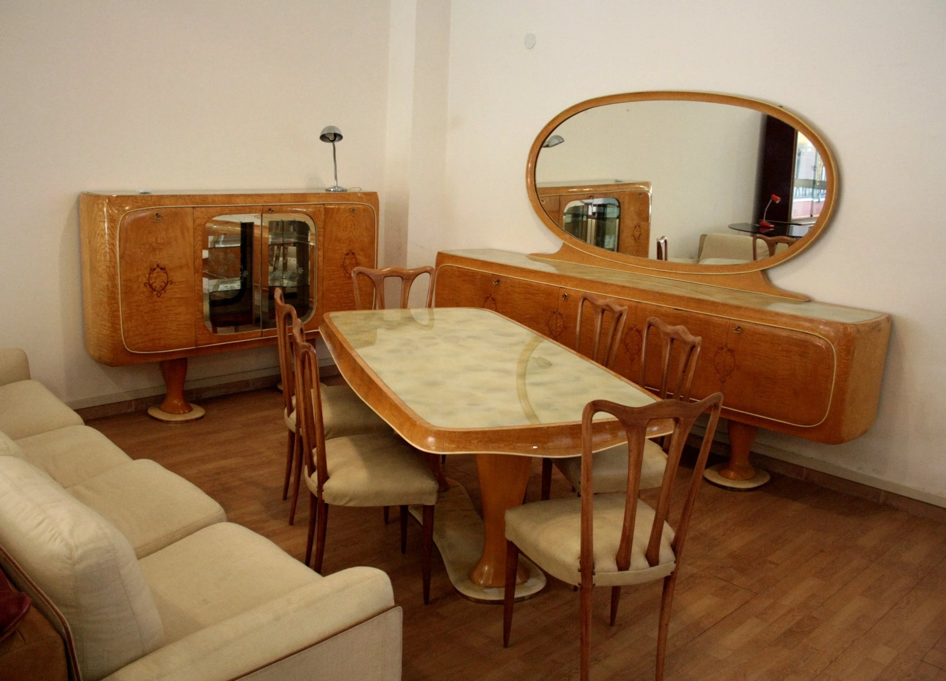 Camera da pranzo vittorio dassi anni 50 stile mid-century moderna in legno e vetrina elegante per dario raia antiquariato