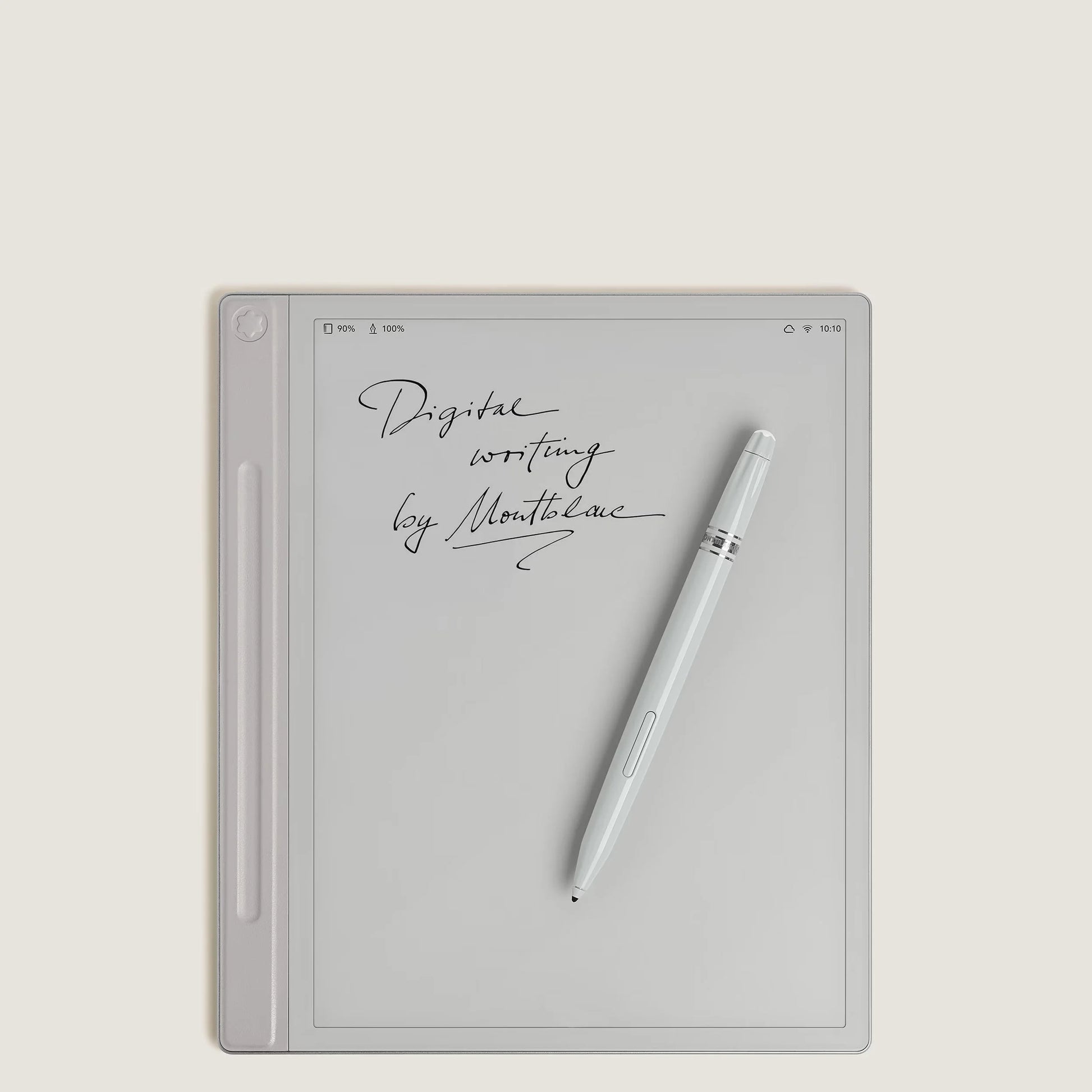 Una elegante tavoletta digitale bianca montblanc digital paper argento con stylus e scritta digitale by montblanc sullo schermo