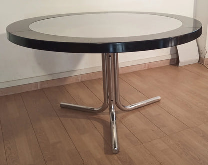 Tavolo da pranzo desco vintage di achille castiglioni per zanotta con piano in vetro tondo e gambe cromate