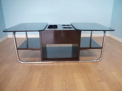 Modern tavolino bar vintage con pannelli laterali ribaltabili e struttura in metallo cromato splendido anni 70