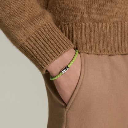 Montblanc bracciale in acciaio a 3 anelli e pelle Meisterstück Lime misura L 13429268