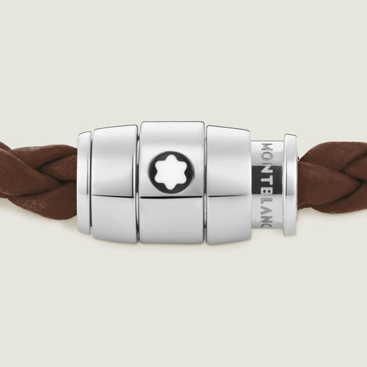 Montblanc bracciale in acciaio a 3 anelli e pelle Meisterstück Marrone Fulvo misura L 13600268