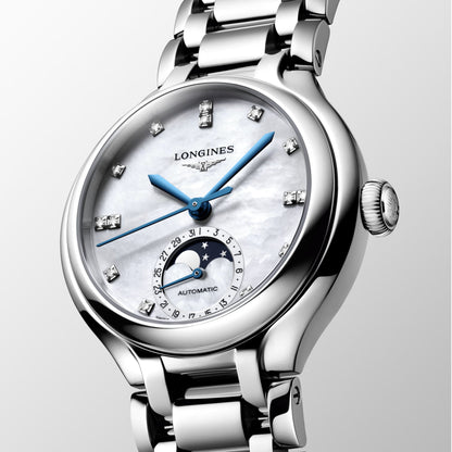 Longines orologio Primaluna Moonphase 34mm madreperla diamanti automatico acciaio L8.126.4.87.6
